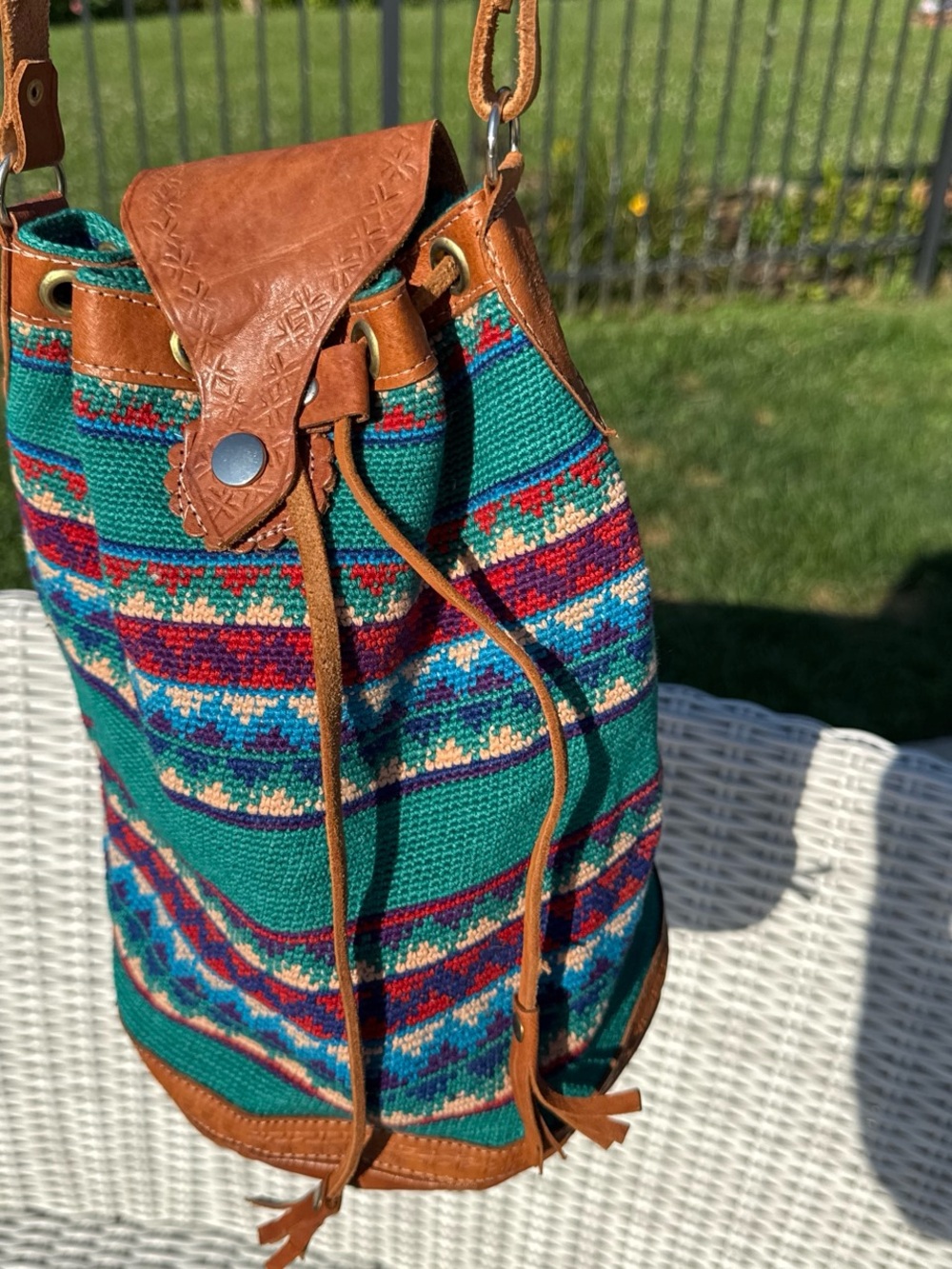 Guatemala Boho Woven Drawstring Bucket Bag with Brown Leather Trim